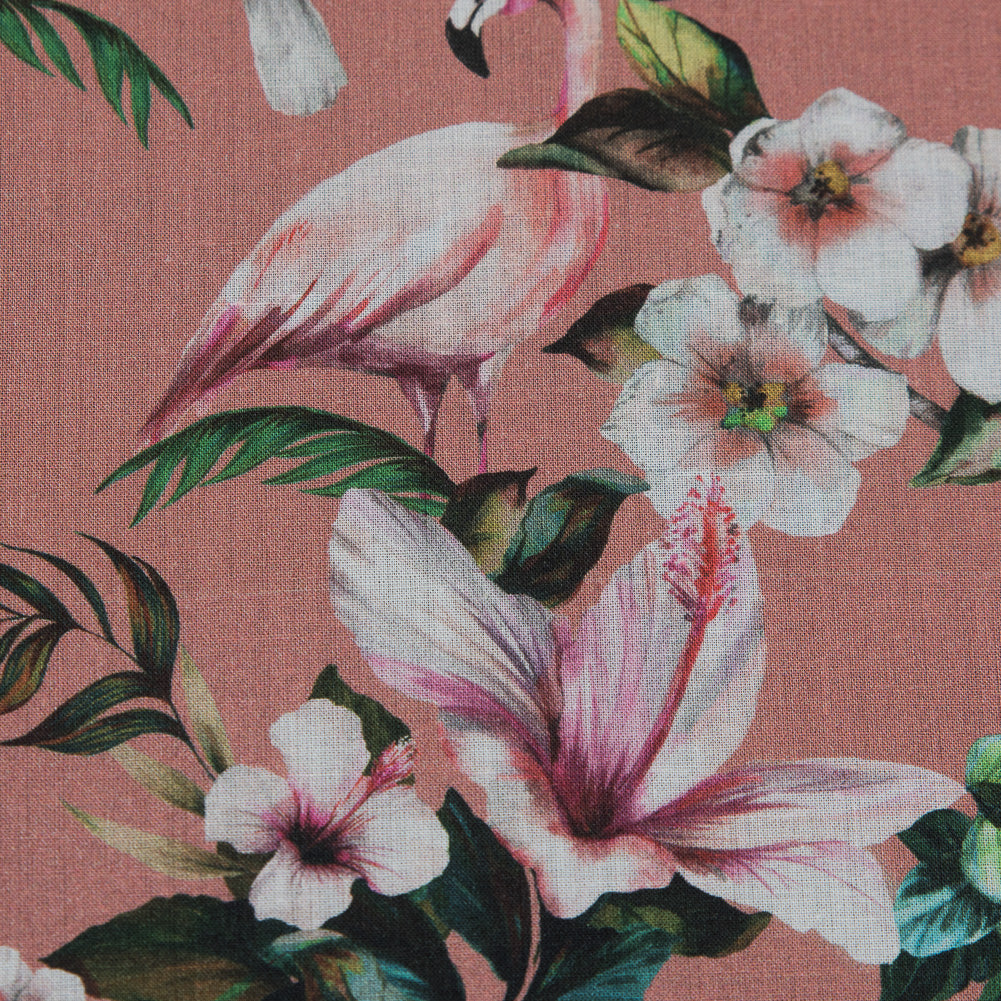 Cotton Voile - Salmon Flamingos and Leaves - Balance of Unity Print - Mood Exclusive Key Largo Collection Cotton Voile - Salmon Flamingos and Leaves - Balance of Unity Print - Mood Exclusive Key Largo Collection