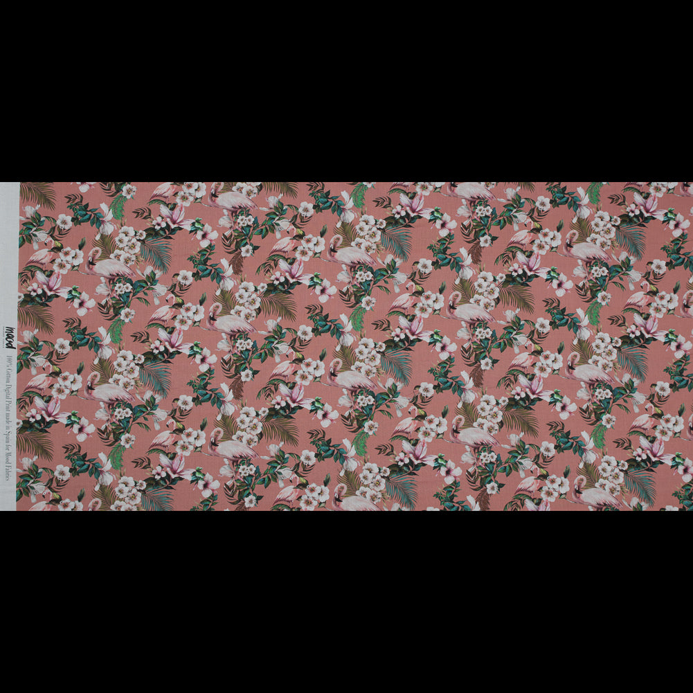 Cotton Voile - Salmon Flamingos and Leaves - Balance of Unity Print - Mood Exclusive Key Largo Collection Cotton Voile - Salmon Flamingos and Leaves - Balance of Unity Print - Mood Exclusive Key Largo Collection