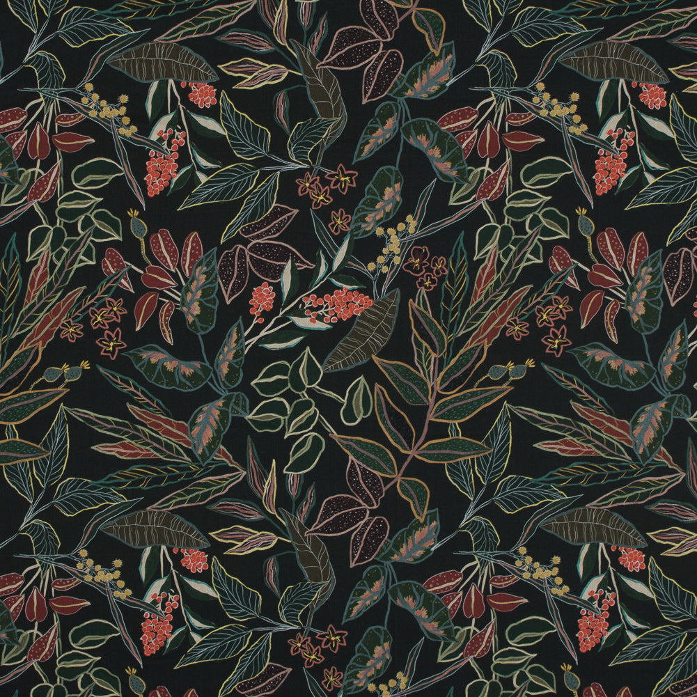Cotton Voile - Black and Green Foliage - Mystery of Renewal Print - Mood Exclusive Key Largo Collection Cotton Voile - Black and Green Foliage - Mystery of Renewal Print - Mood Exclusive Key Largo Collection