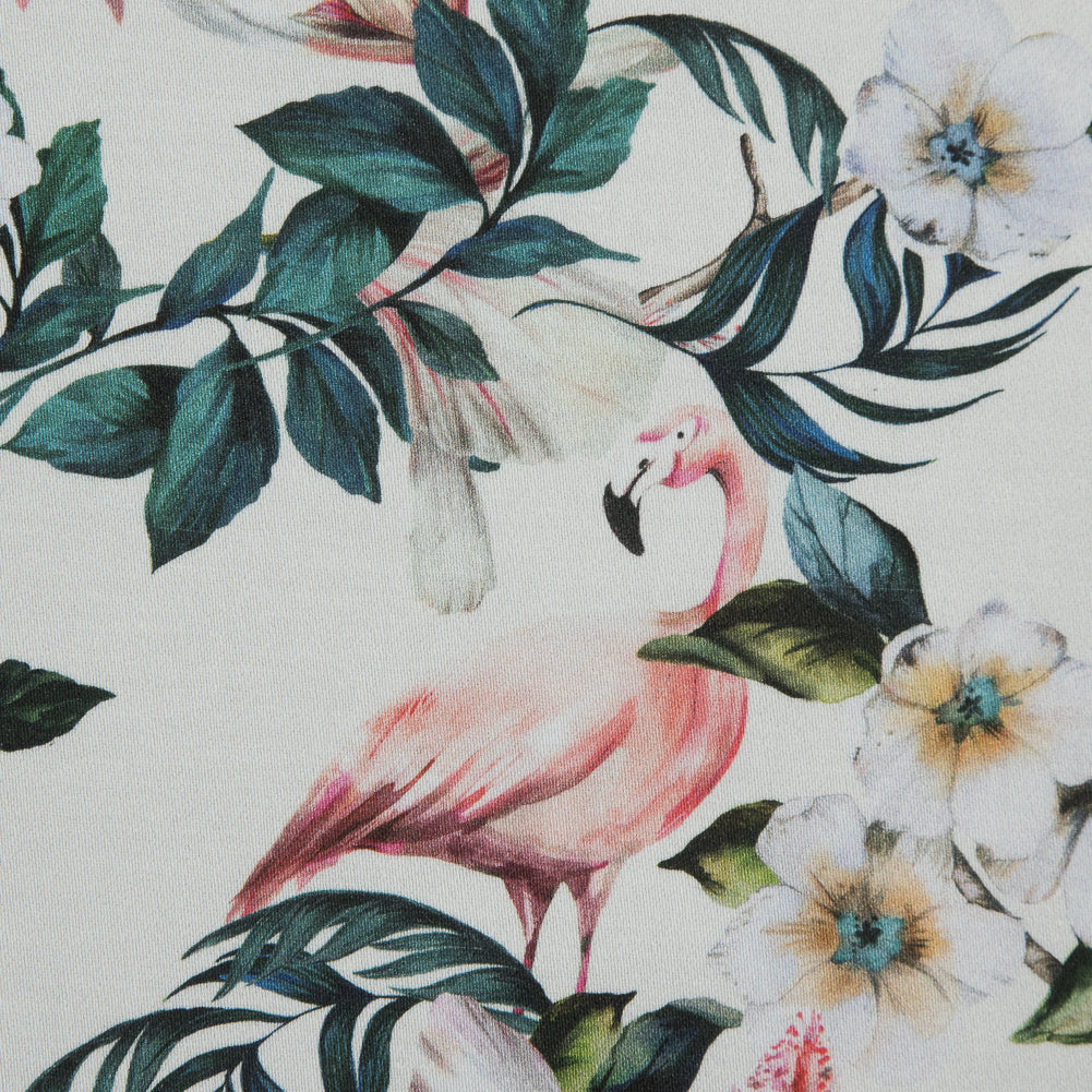 Stretch Cotton Sateen - White Flamingos and Leaves - Balance of Unity Print - Mood Exclusive Key Largo Collection Stretch Cotton Sateen - White Flamingos and Leaves - Balance of Unity Print - Mood Exclusive Key Largo Collection