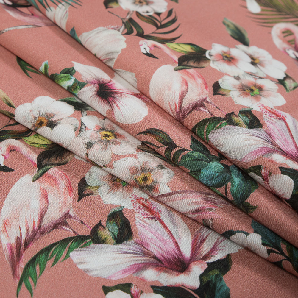 Stretch Cotton Sateen - Salmon Flamingos and Leaves - Balance of Unity Print - Mood Exclusive Key Largo Collection Stretch Cotton Sateen - Salmon Flamingos and Leaves - Balance of Unity Print - Mood Exclusive Key Largo Collection
