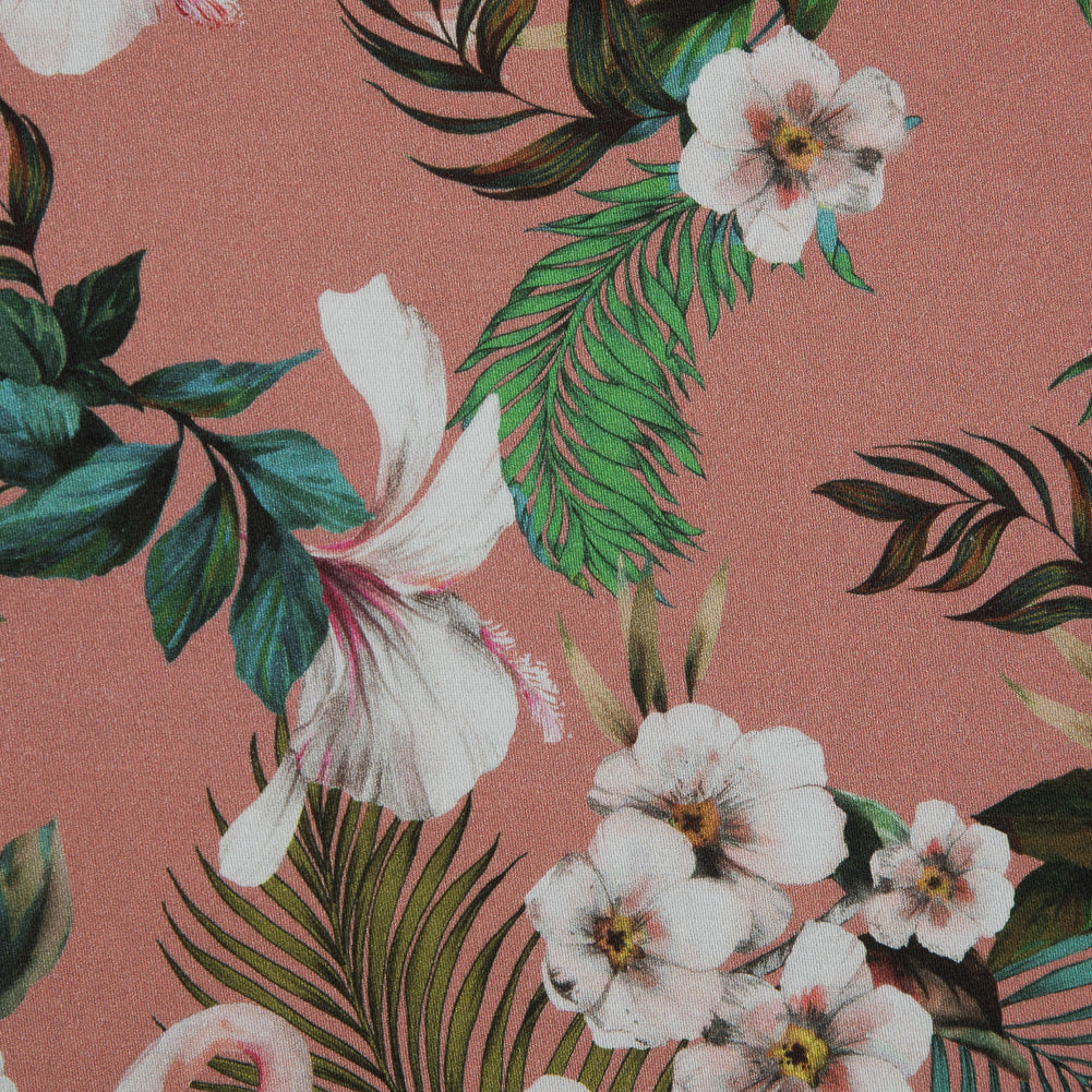 Stretch Cotton Sateen - Salmon Flamingos and Leaves - Balance of Unity Print - Mood Exclusive Key Largo Collection Stretch Cotton Sateen - Salmon Flamingos and Leaves - Balance of Unity Print - Mood Exclusive Key Largo Collection