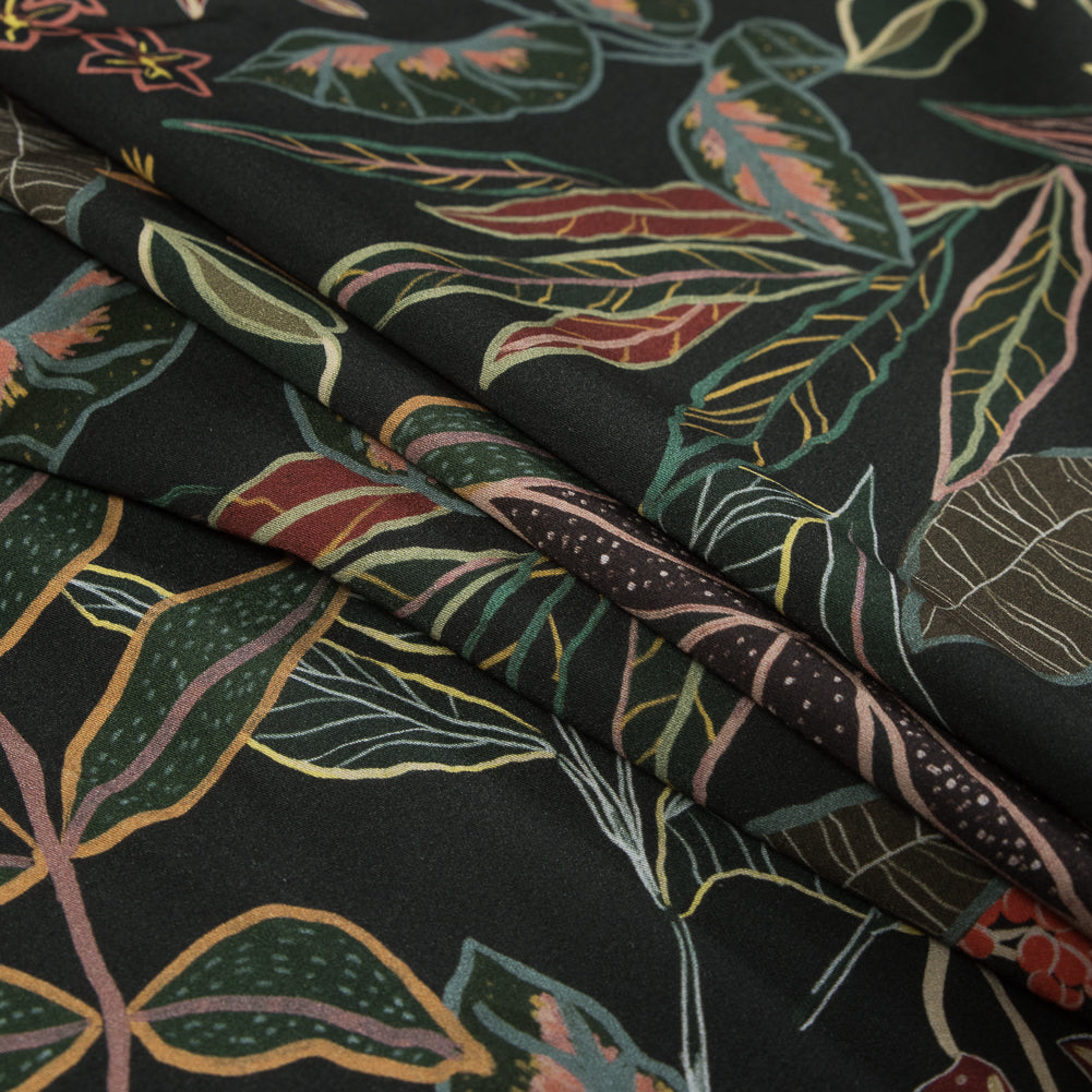 Stretch Cotton Sateen - Black and Green Foliage - Mystery of Renewal Print - Mood Exclusive Key Largo Collection Stretch Cotton Sateen - Black and Green Foliage - Mystery of Renewal Print - Mood Exclusive Key Largo Collection