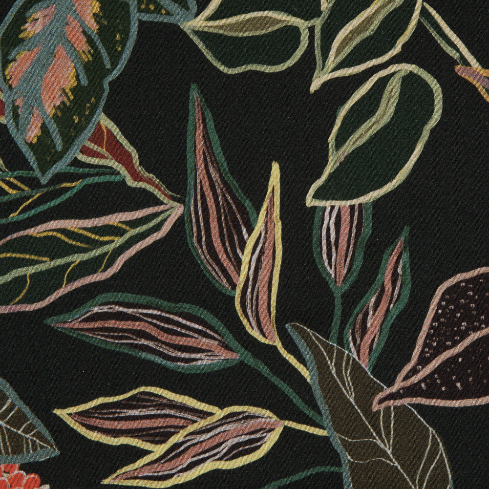 Stretch Cotton Sateen - Black and Green Foliage - Mystery of Renewal Print - Mood Exclusive Key Largo Collection Stretch Cotton Sateen - Black and Green Foliage - Mystery of Renewal Print - Mood Exclusive Key Largo Collection