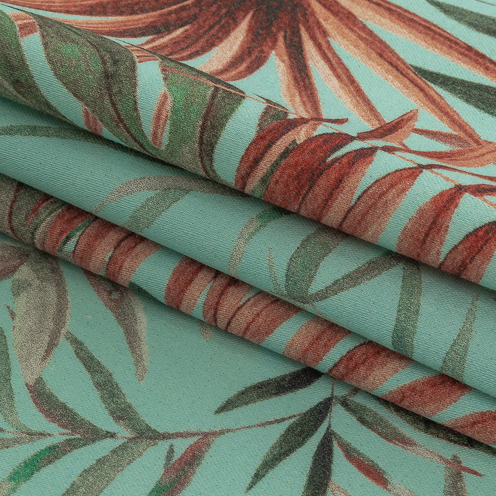 Stretch Cotton Sateen - Aqua Tropical Leaves - Efficacy of Contentment Print - Mood Exclusive Key Largo Collection Stretch Cotton Sateen - Aqua Tropical Leaves - Efficacy of Contentment Print - Mood Exclusive Key Largo Collection