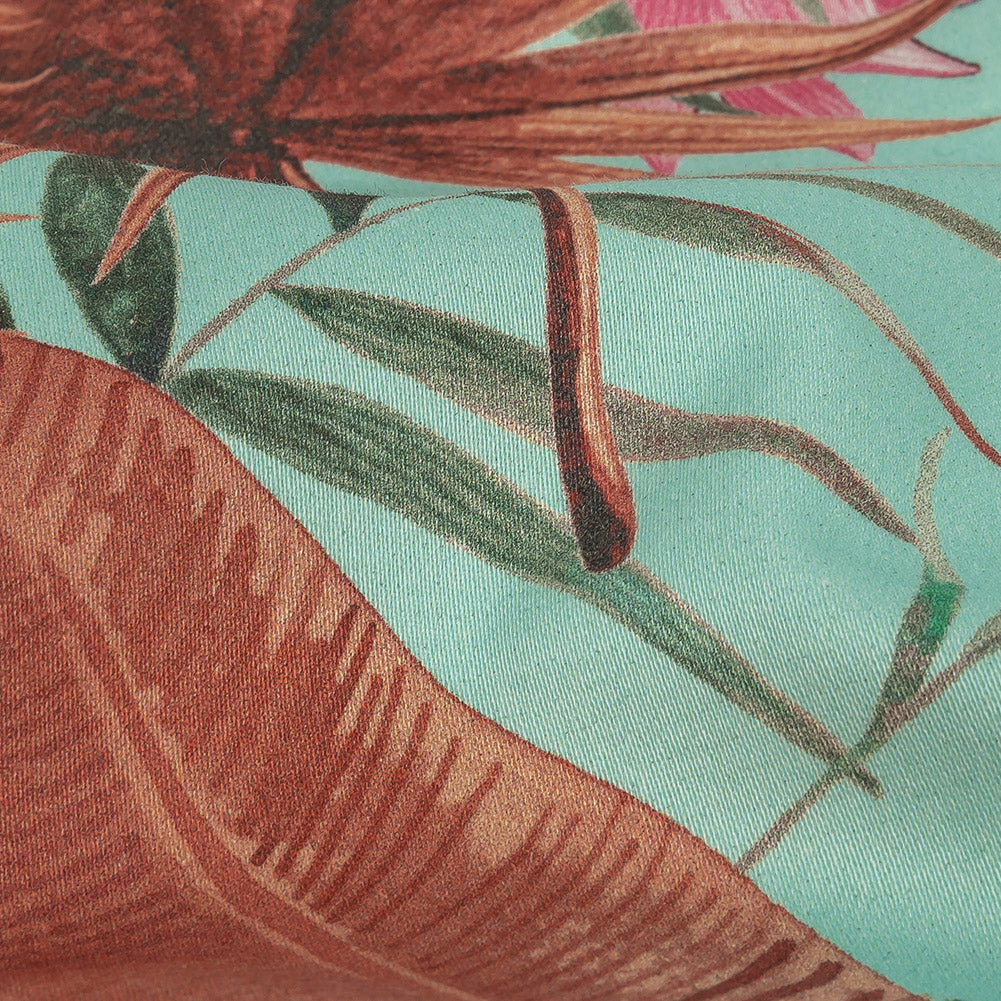 Stretch Cotton Sateen - Aqua Tropical Leaves - Efficacy of Contentment Print - Mood Exclusive Key Largo Collection Stretch Cotton Sateen - Aqua Tropical Leaves - Efficacy of Contentment Print - Mood Exclusive Key Largo Collection