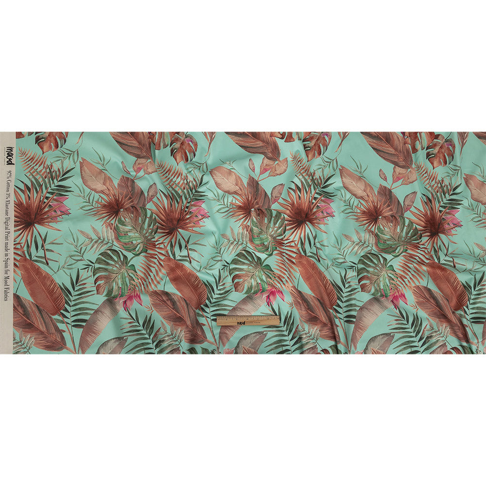 Stretch Cotton Sateen - Aqua Tropical Leaves - Efficacy of Contentment Print - Mood Exclusive Key Largo Collection Stretch Cotton Sateen - Aqua Tropical Leaves - Efficacy of Contentment Print - Mood Exclusive Key Largo Collection