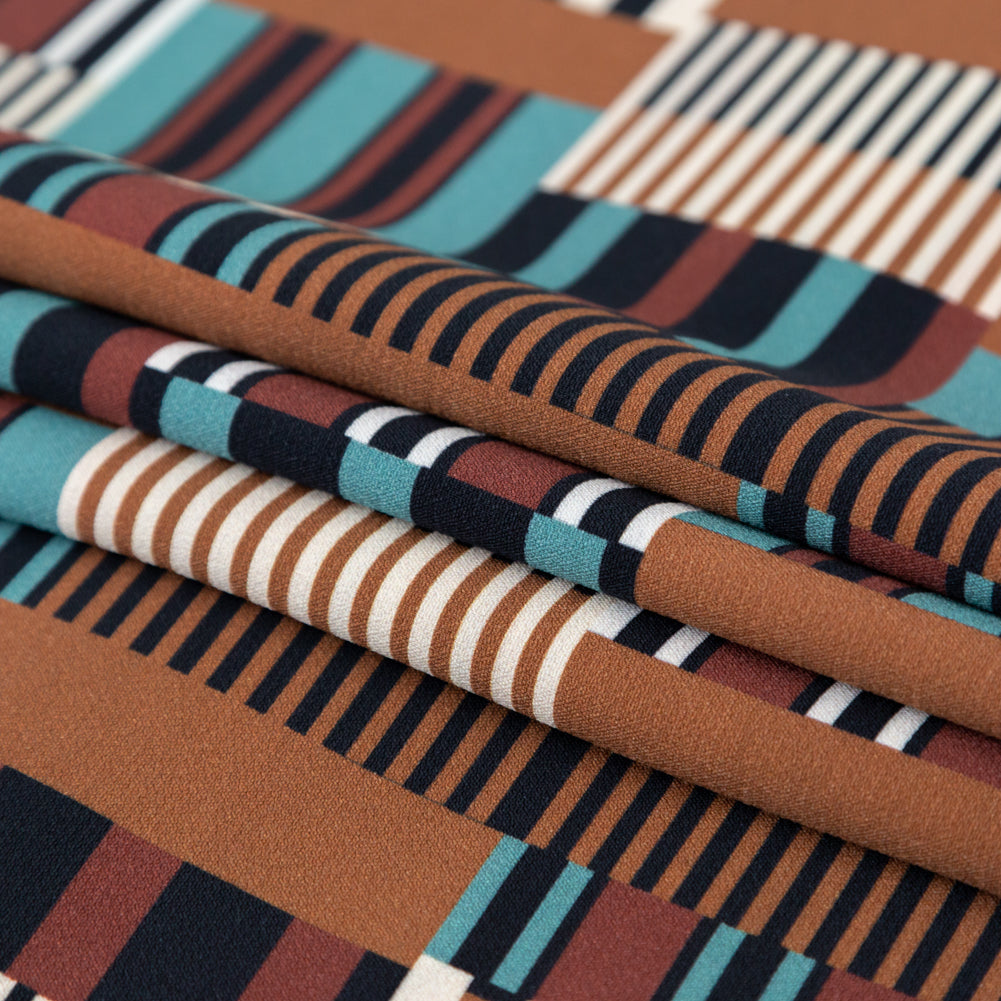 Stretch Polyester Crepe - Blue and Brown Geometric - Kernel of Truth Print - Mood Exclusive Harvest Collection - Folded Stretch Polyester Crepe - Blue and Brown Geometric - Kernel of Truth Print - Mood Exclusive Harvest Collection - Folded