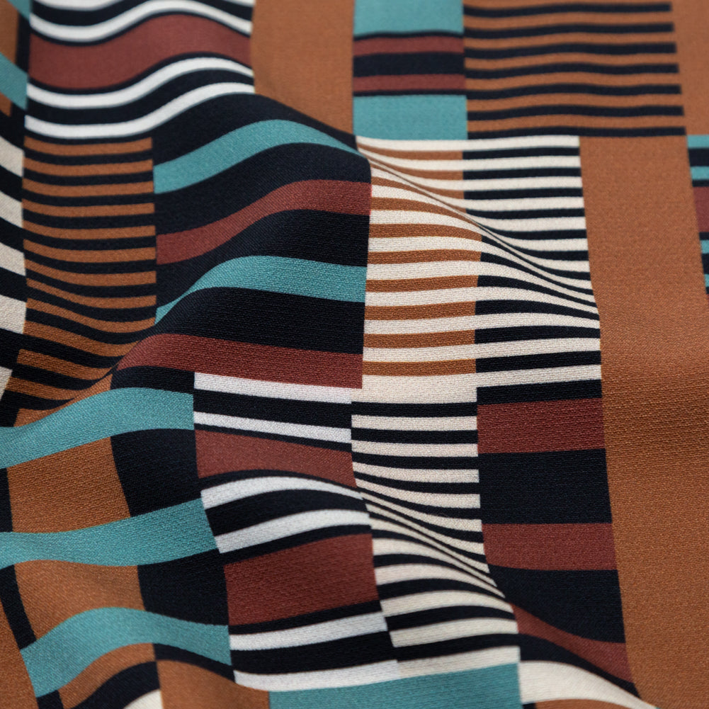 Stretch Polyester Crepe - Blue and Brown Geometric - Kernel of Truth Print - Mood Exclusive Harvest Collection - Detail Stretch Polyester Crepe - Blue and Brown Geometric - Kernel of Truth Print - Mood Exclusive Harvest Collection - Detail