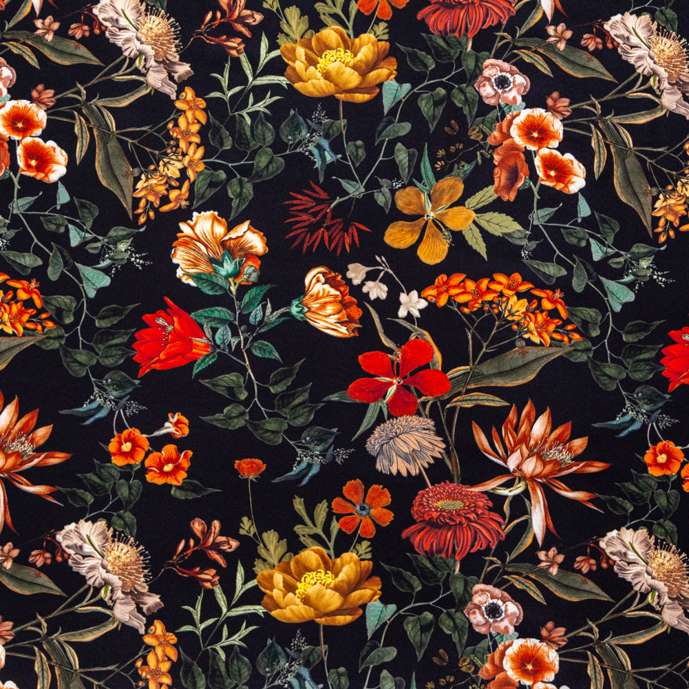 Stretch Polyester Crepe - Black Floral - Garden of Earthly Delights Print - Mood Exclusive Harvest Collection Stretch Polyester Crepe - Black Floral - Garden of Earthly Delights Print - Mood Exclusive Harvest Collection