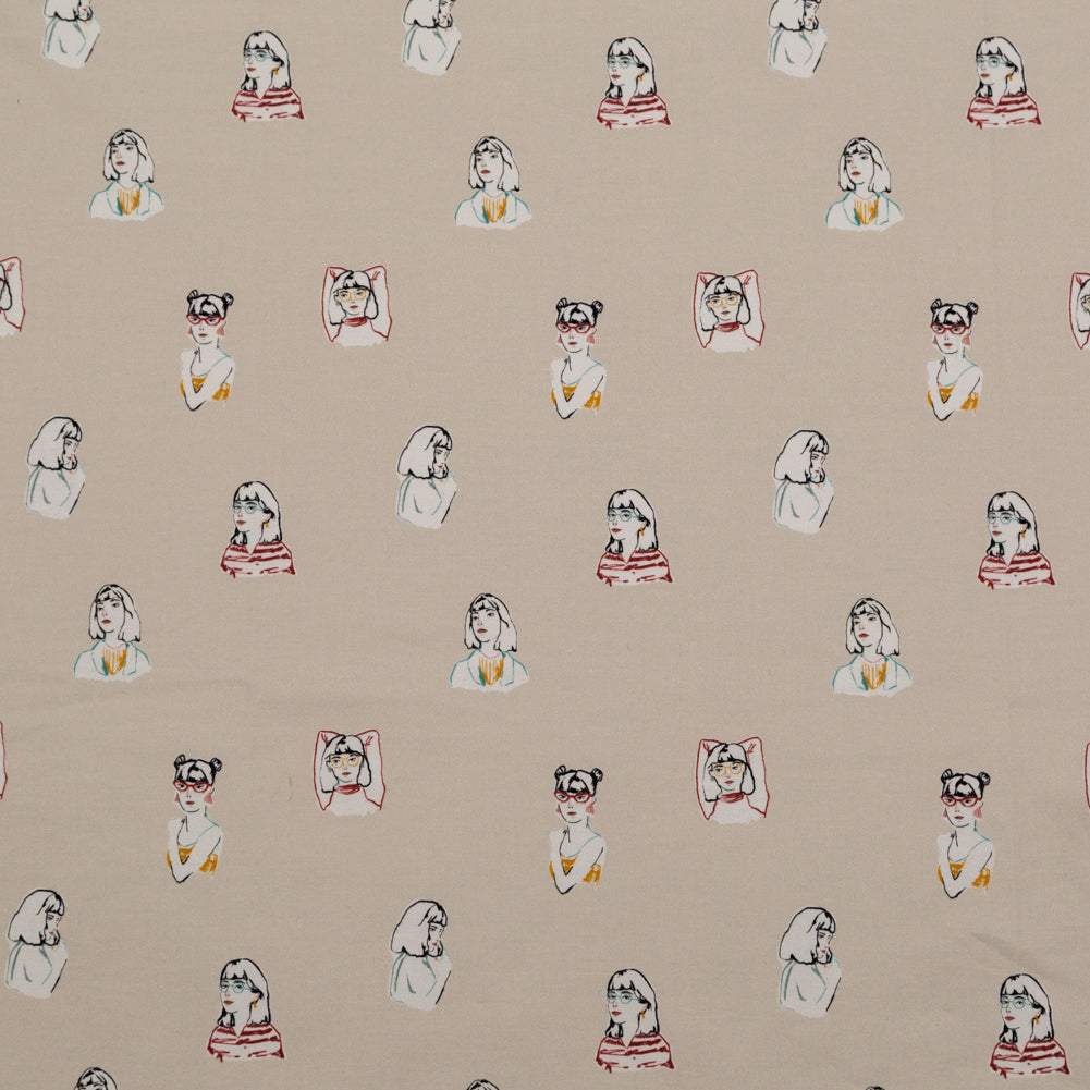 Stretch Cotton Sateen - Beige Faces - Run the World Print - Mood Exclusive Harvest Collection Stretch Cotton Sateen - Beige Faces - Run the World Print - Mood Exclusive Harvest Collection