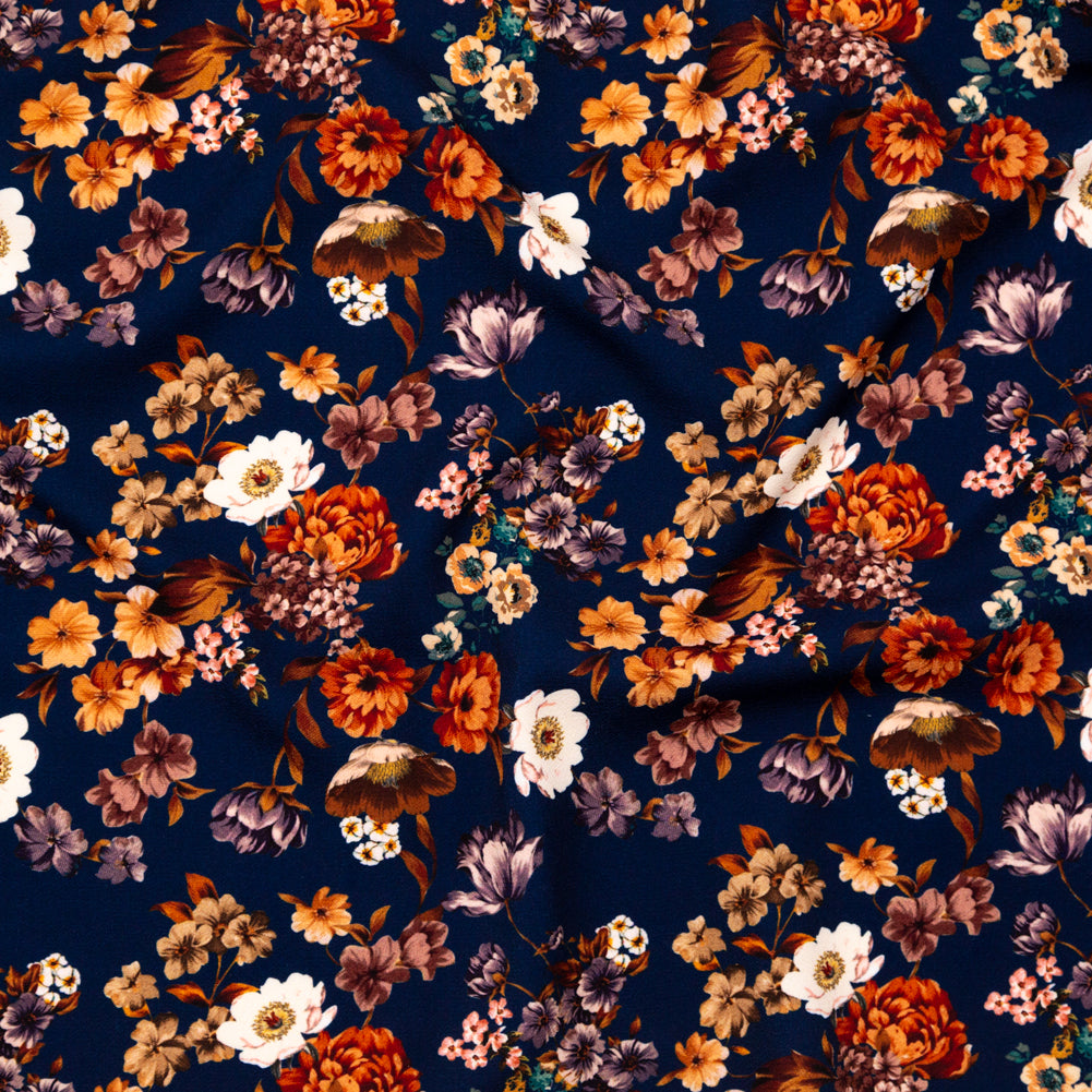 Stretch Polyester Crepe - Navy and Orange Floral - Floral Dreams Print - Mood Exclusive St. Tropez Collection Stretch Polyester Crepe - Navy and Orange Floral - Floral Dreams Print - Mood Exclusive St. Tropez Collection