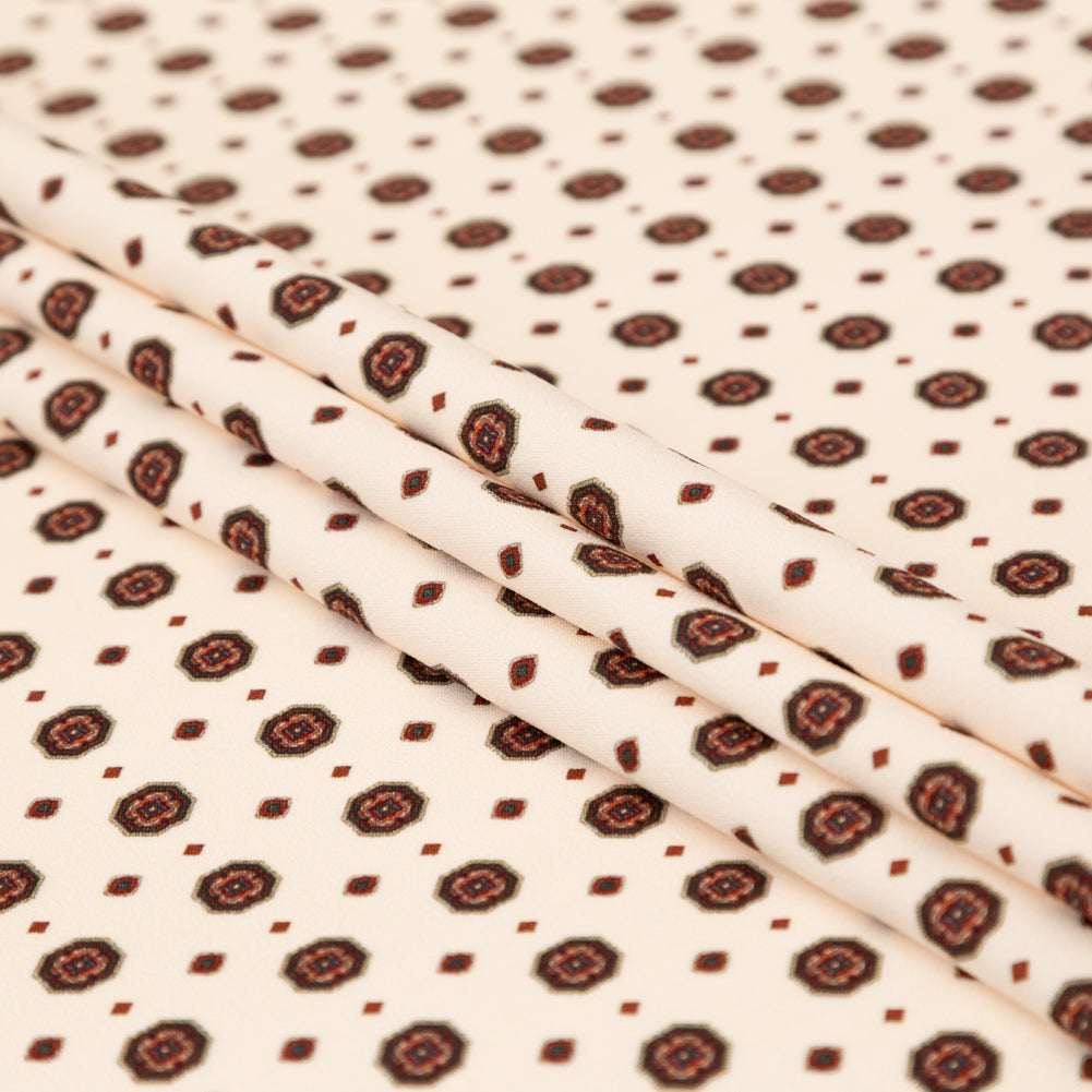 Stretch Polyester Crepe - White and Brown Medallions - Gemstone Carnations Print - Mood Exclusive St. Tropez Collection Stretch Polyester Crepe - White and Brown Medallions - Gemstone Carnations Print - Mood Exclusive St. Tropez Collection