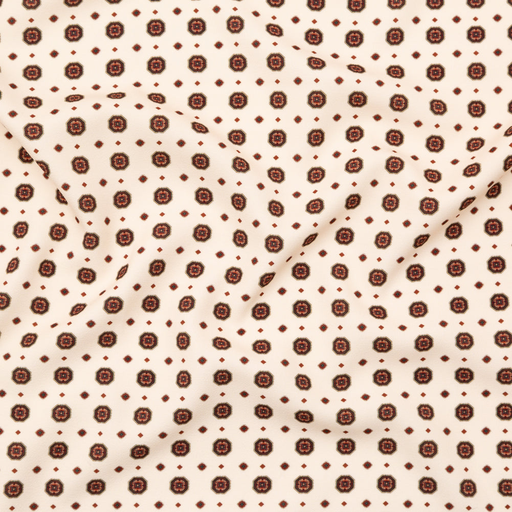 Stretch Polyester Crepe - White and Brown Medallions - Gemstone Carnations Print - Mood Exclusive St. Tropez Collection Stretch Polyester Crepe - White and Brown Medallions - Gemstone Carnations Print - Mood Exclusive St. Tropez Collection