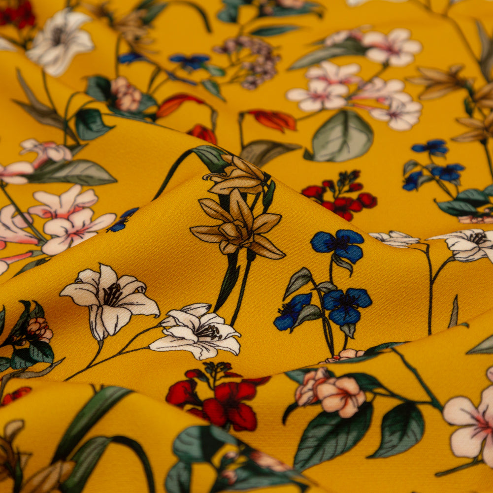 Stretch Polyester Crepe - Yellow Floral - Mediterranean Dreams Print - Mood Exclusive St. Tropez Collection Stretch Polyester Crepe - Yellow Floral - Mediterranean Dreams Print - Mood Exclusive St. Tropez Collection
