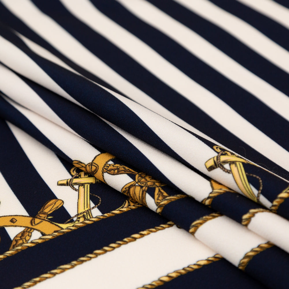 Stretch Polyester Crepe Panel - Ship Wheels and Stripes - Maritime Adornments Print - Mood Exclusive St. Tropez Collection Stretch Polyester Crepe Panel - Ship Wheels and Stripes - Maritime Adornments Print - Mood Exclusive St. Tropez Collection