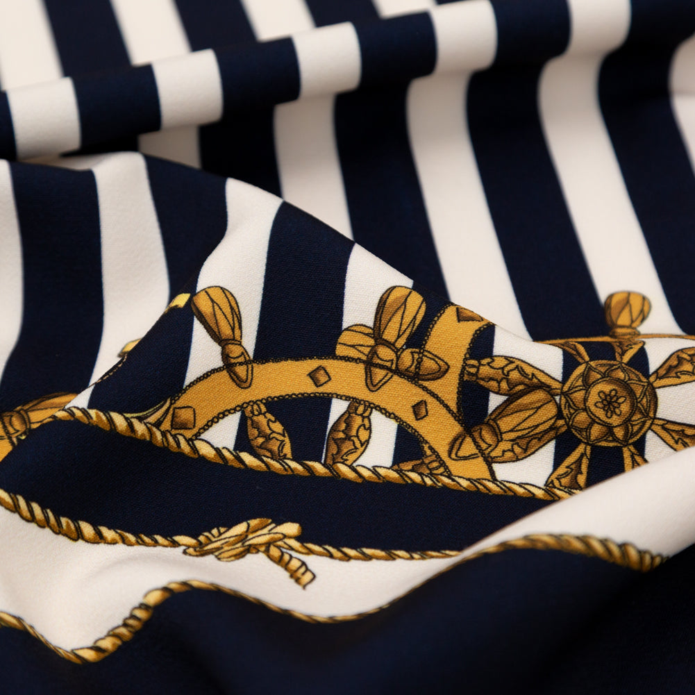Stretch Polyester Crepe Panel - Ship Wheels and Stripes - Maritime Adornments Print - Mood Exclusive St. Tropez Collection Stretch Polyester Crepe Panel - Ship Wheels and Stripes - Maritime Adornments Print - Mood Exclusive St. Tropez Collection
