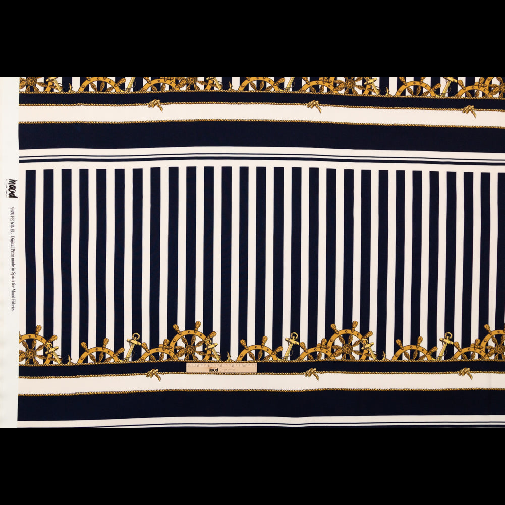 Stretch Polyester Crepe Panel - Ship Wheels and Stripes - Maritime Adornments Print - Mood Exclusive St. Tropez Collection Stretch Polyester Crepe Panel - Ship Wheels and Stripes - Maritime Adornments Print - Mood Exclusive St. Tropez Collection