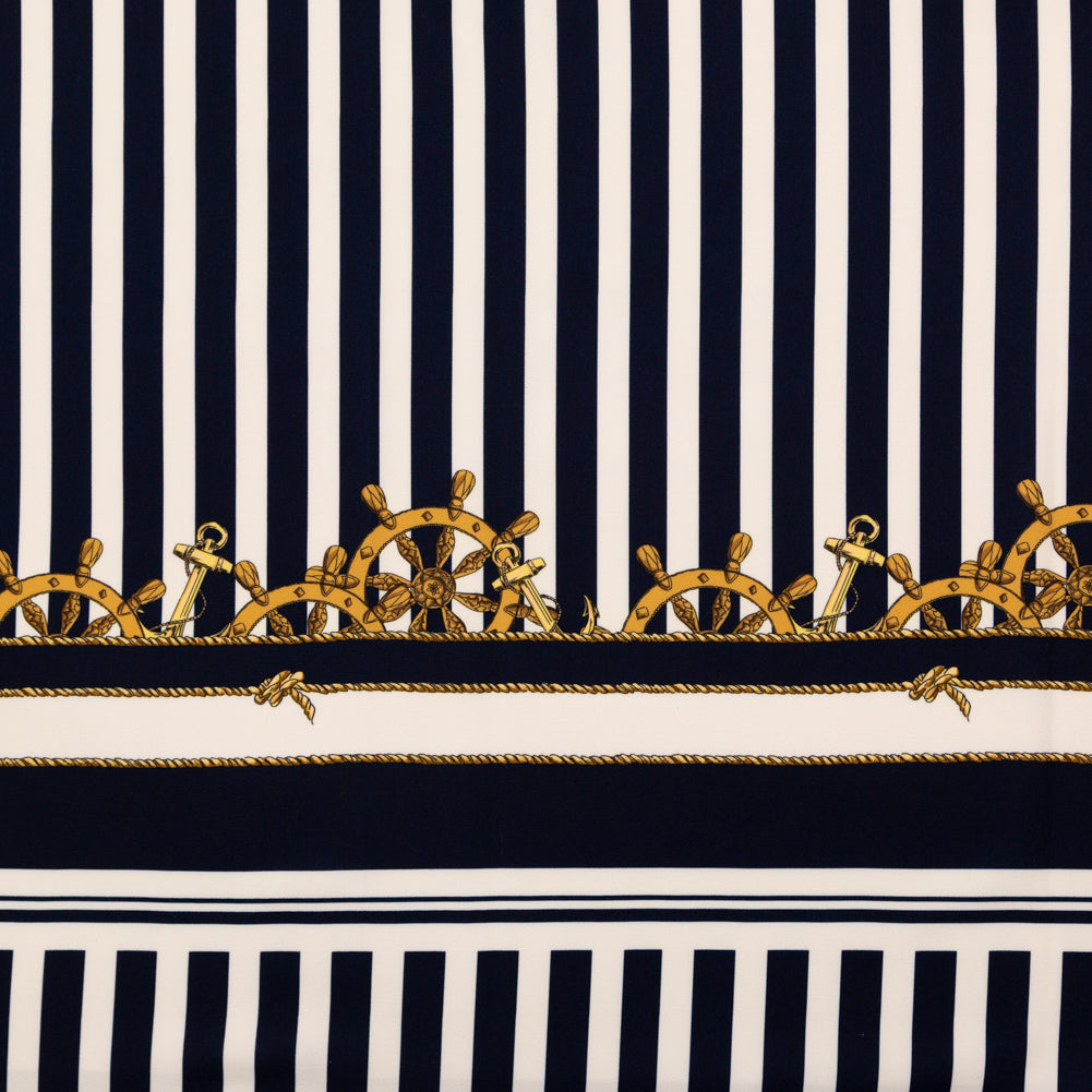 Stretch Polyester Crepe Panel - Ship Wheels and Stripes - Maritime Adornments Print - Mood Exclusive St. Tropez Collection Stretch Polyester Crepe Panel - Ship Wheels and Stripes - Maritime Adornments Print - Mood Exclusive St. Tropez Collection