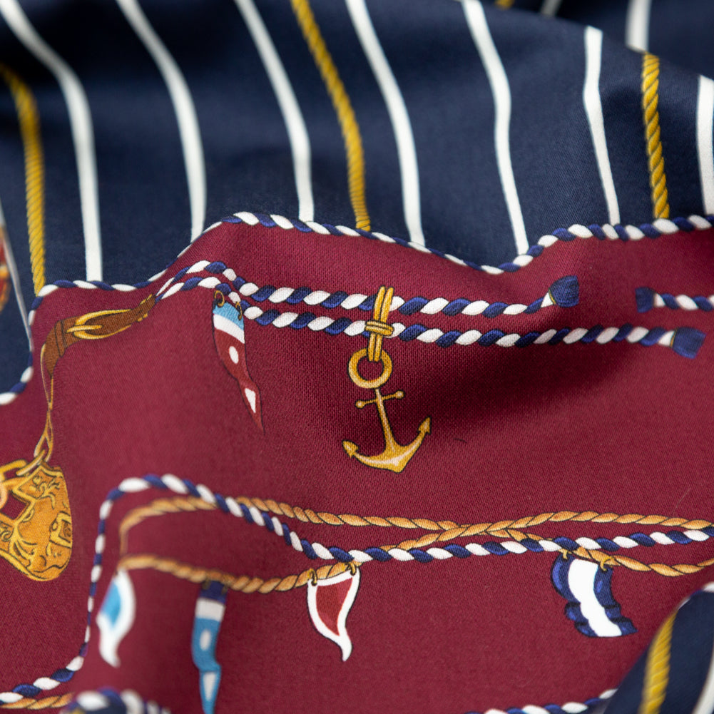 Stretch Cotton Sateen Panel - Nautical Treasures and Stripes - Sailboat Treasures Print - Mood Exclusive St. Tropez Collection - Detail Stretch Cotton Sateen Panel - Nautical Treasures and Stripes - Sailboat Treasures Print - Mood Exclusive St. Tropez Collection - Detail
