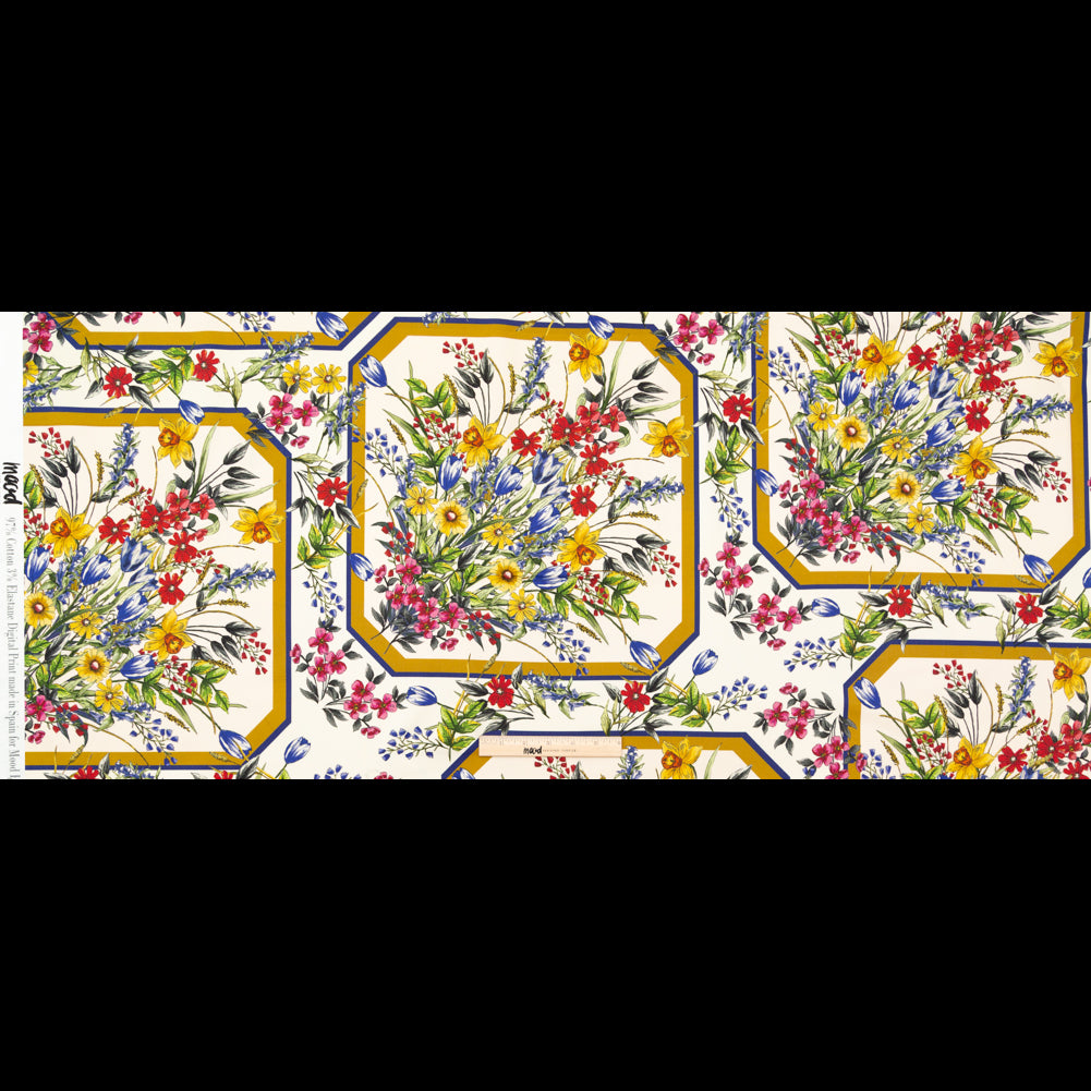 Stretch Cotton Sateen - White and Gold Framed Florals - Parfumerie Gardens Print - Mood Exclusive St. Tropez Collection Stretch Cotton Sateen - White and Gold Framed Florals - Parfumerie Gardens Print - Mood Exclusive St. Tropez Collection