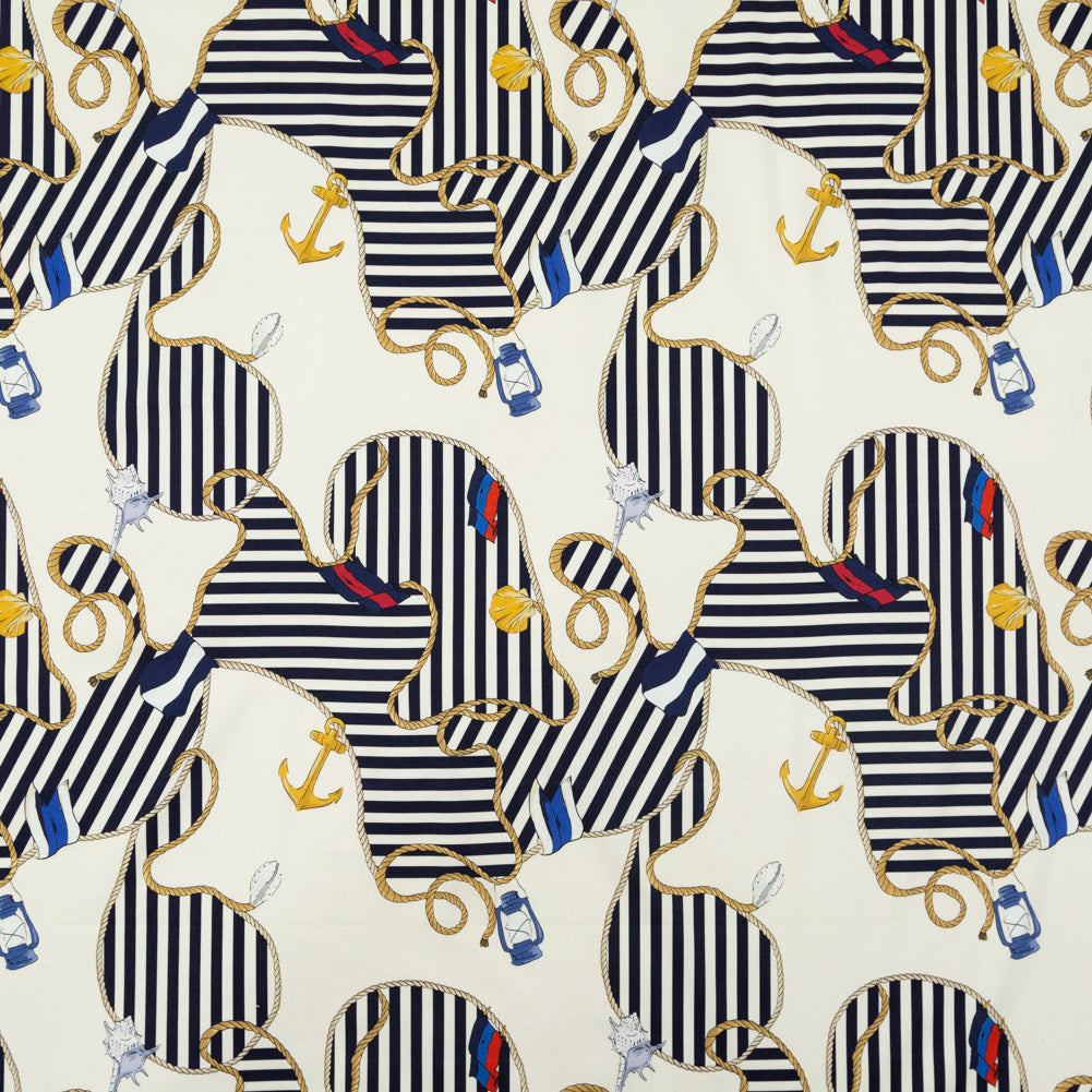 Stretch Cotton Sateen Panel - Ship Wheels and Stripes - Maritime Adornments Print - Mood Exclusive St. Tropez Collection Stretch Cotton Sateen Panel - Ship Wheels and Stripes - Maritime Adornments Print - Mood Exclusive St. Tropez Collection