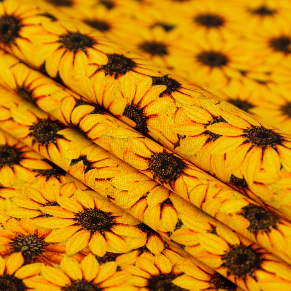 Stretch Cotton Sateen - Yellow and Brown Floral - Population Sunflowers Print - Mood Exclusive St. Tropez Collection Stretch Cotton Sateen - Yellow and Brown Floral - Population Sunflowers Print - Mood Exclusive St. Tropez Collection