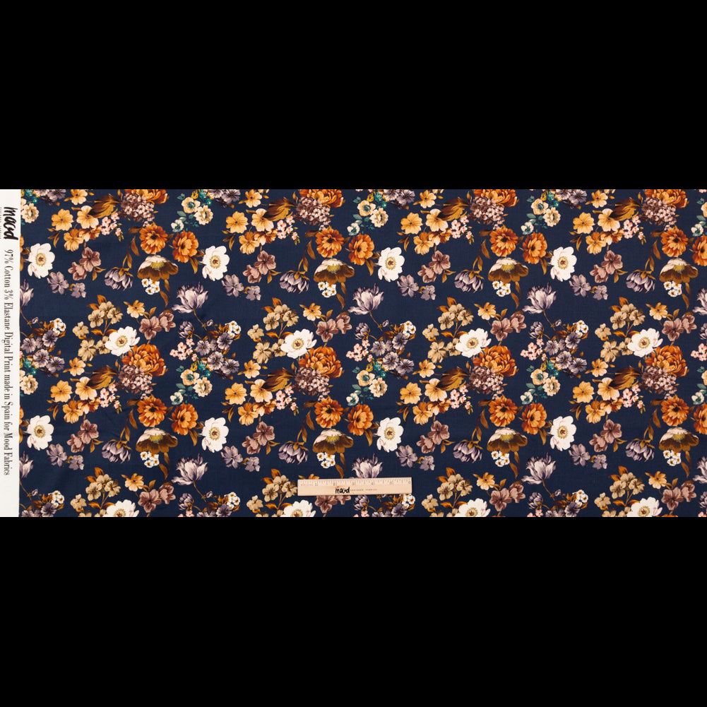 Stretch Cotton Sateen - Navy and Orange Floral - Floral Dreams Print - Mood Exclusive St. Tropez Collection - Full Stretch Cotton Sateen - Navy and Orange Floral - Floral Dreams Print - Mood Exclusive St. Tropez Collection - Full