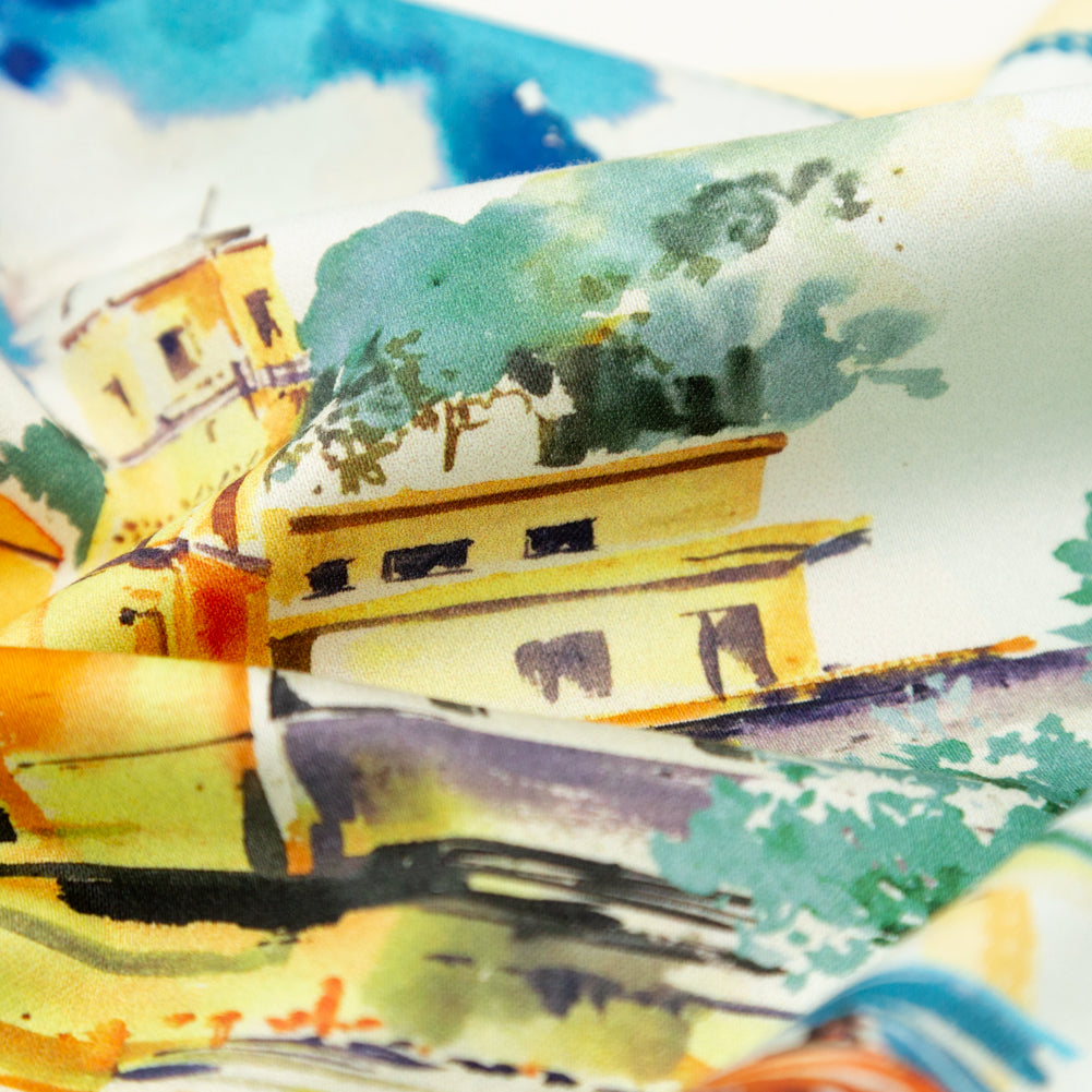Stretch Cotton Sateen - Blue and Yellow Waterscapes - Palace Regattas Print - Mood Exclusive St. Tropez Collection - Detail Stretch Cotton Sateen - Blue and Yellow Waterscapes - Palace Regattas Print - Mood Exclusive St. Tropez Collection - Detail