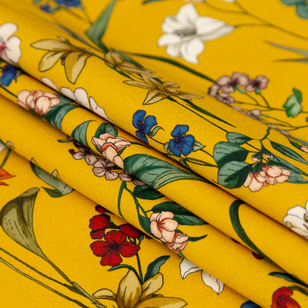 Stretch Cotton Sateen - Yellow Floral - Mediterranean Dreams Print - Mood Exclusive St. Tropez Collection Stretch Cotton Sateen - Yellow Floral - Mediterranean Dreams Print - Mood Exclusive St. Tropez Collection