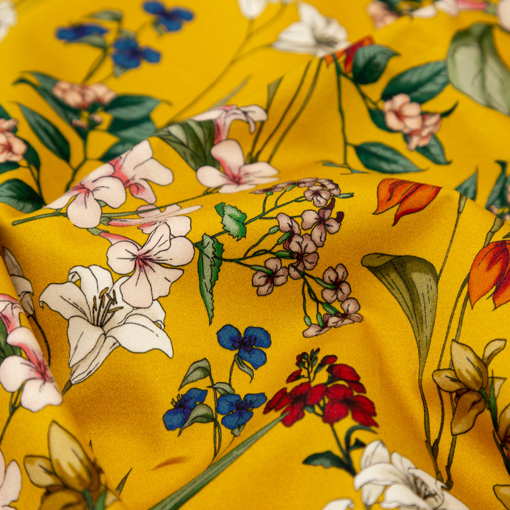 Stretch Cotton Sateen - Yellow Floral - Mediterranean Dreams Print - Mood Exclusive St. Tropez Collection Stretch Cotton Sateen - Yellow Floral - Mediterranean Dreams Print - Mood Exclusive St. Tropez Collection