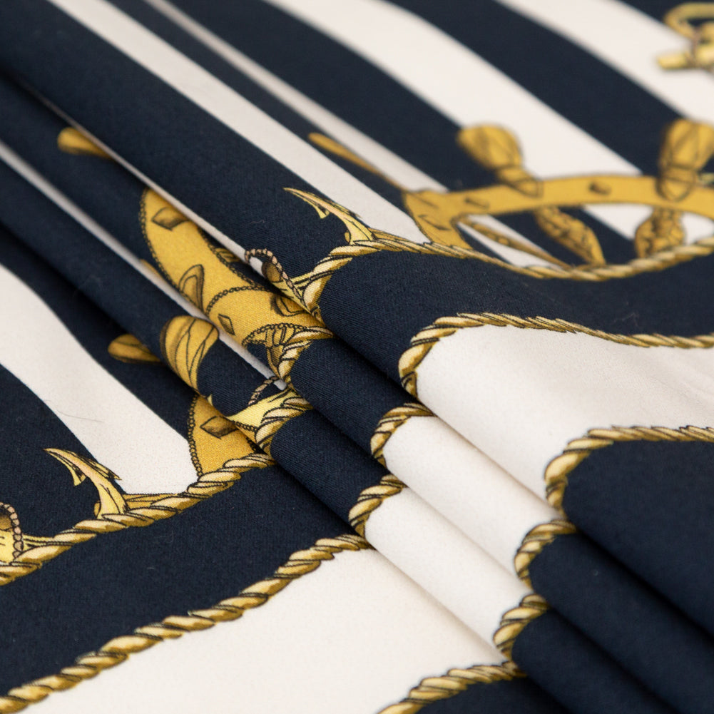 Stretch Cotton Sateen Panel - Ship Wheels and Stripes - Maritime Adornments Print - Mood Exclusive St. Tropez Collection Stretch Cotton Sateen Panel - Ship Wheels and Stripes - Maritime Adornments Print - Mood Exclusive St. Tropez Collection