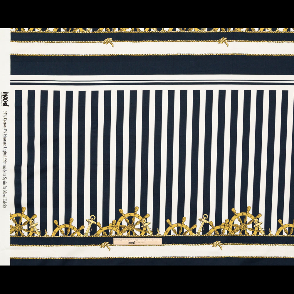 Stretch Cotton Sateen Panel - Ship Wheels and Stripes - Maritime Adornments Print - Mood Exclusive St. Tropez Collection Stretch Cotton Sateen Panel - Ship Wheels and Stripes - Maritime Adornments Print - Mood Exclusive St. Tropez Collection