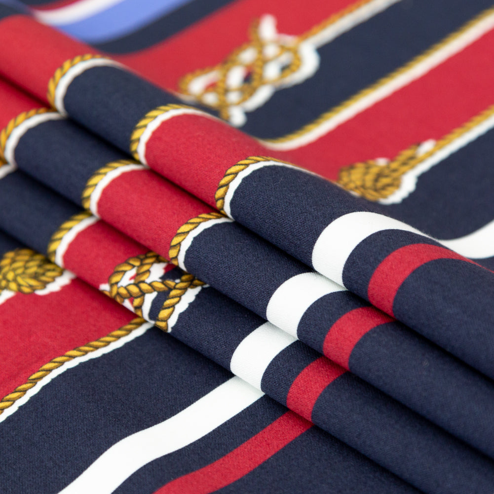 Stretch Cotton Sateen Panel - Red, White and Blue Sailboats and Stripes - Shipyard Surveys Print - Mood Exclusive St. Tropez Collection - Folded Stretch Cotton Sateen Panel - Red, White and Blue Sailboats and Stripes - Shipyard Surveys Print - Mood Exclusive St. Tropez Collection - Folded