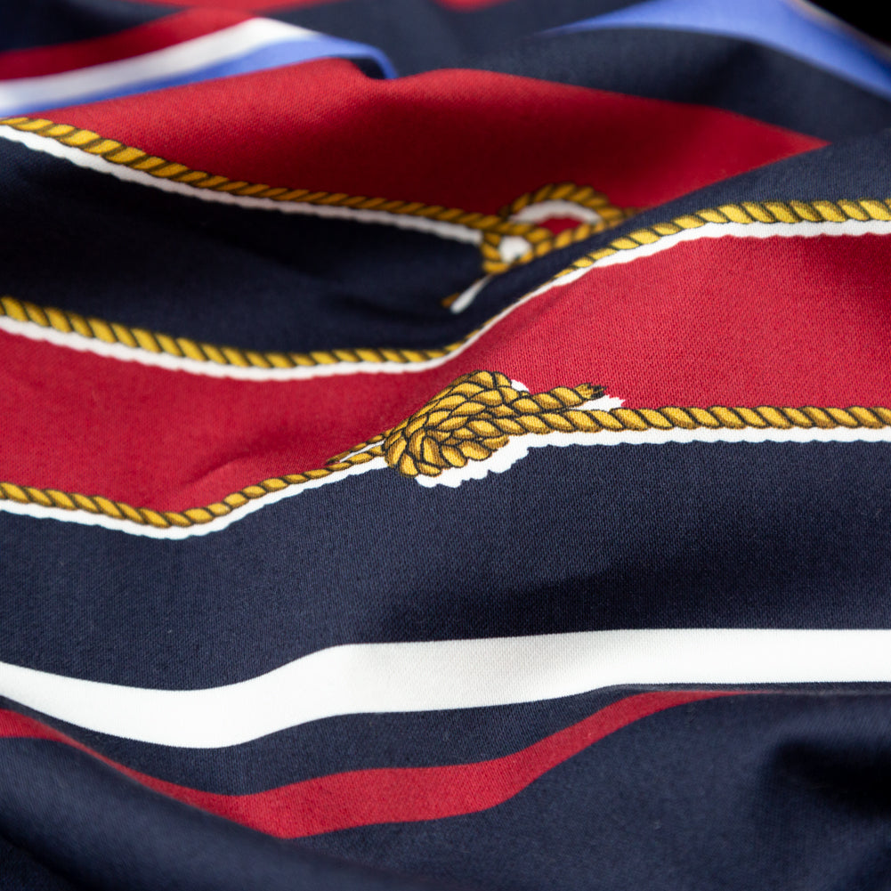 Stretch Cotton Sateen Panel - Red, White and Blue Sailboats and Stripes - Shipyard Surveys Print - Mood Exclusive St. Tropez Collection - Detail Stretch Cotton Sateen Panel - Red, White and Blue Sailboats and Stripes - Shipyard Surveys Print - Mood Exclusive St. Tropez Collection - Detail