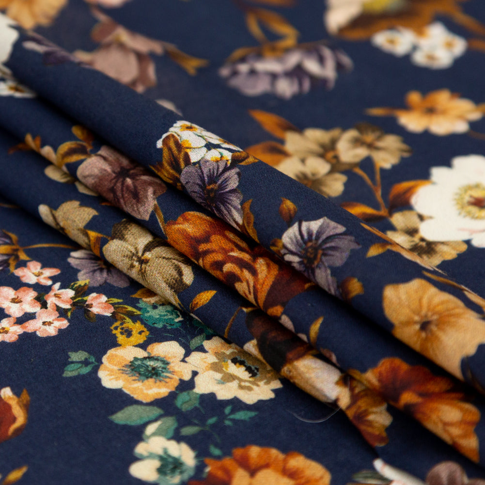 Cotton Voile - Navy and Orange Floral - Floral Dreams Print - Mood Exclusive St. Tropez Collection - Folded Cotton Voile - Navy and Orange Floral - Floral Dreams Print - Mood Exclusive St. Tropez Collection - Folded