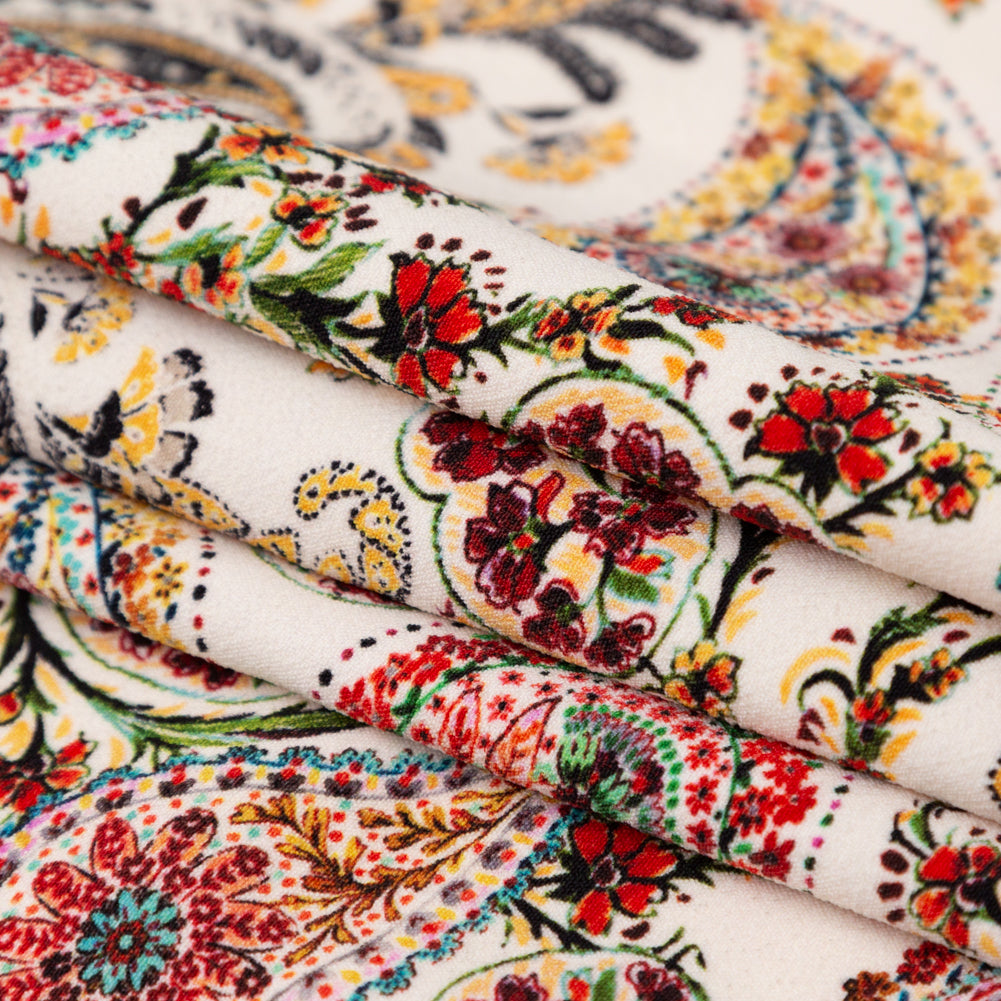 Stretch Polyester Crepe - White Paisleys - Thought Impressions Print - Mood Exclusive Kenko Collection - Folded Stretch Polyester Crepe - White Paisleys - Thought Impressions Print - Mood Exclusive Kenko Collection - Folded