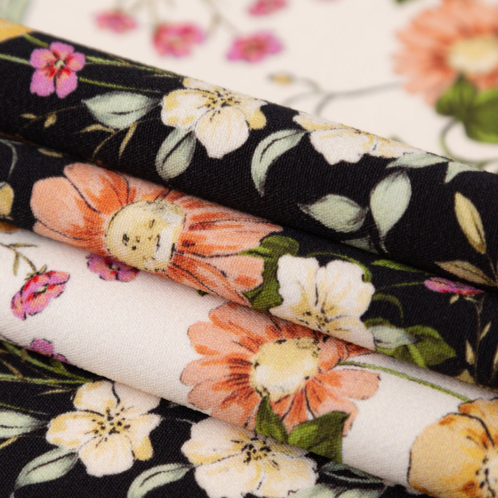 Stretch Polyester Crepe - Black and White Floral Stripes - Better in the Night Print - Mood Exclusive Kenko Collection Stretch Polyester Crepe - Black and White Floral Stripes - Better in the Night Print - Mood Exclusive Kenko Collection