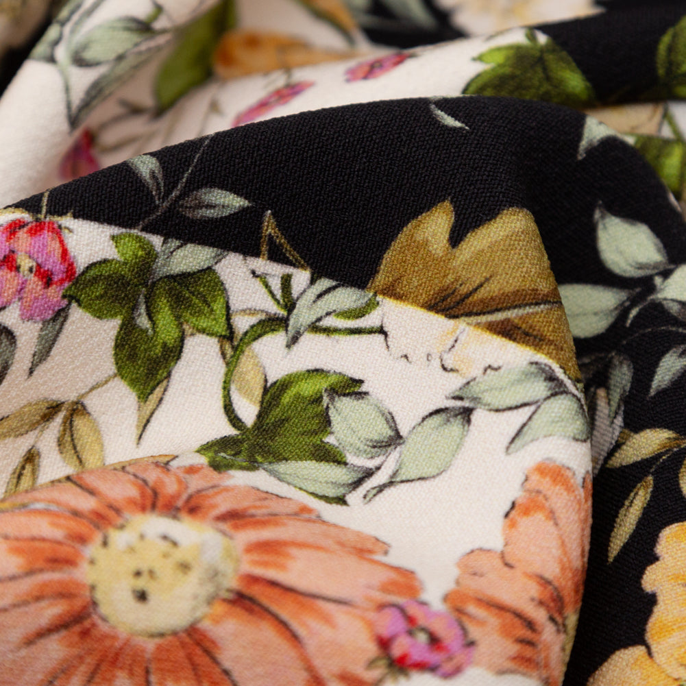 Stretch Polyester Crepe - Black and White Floral Stripes - Better in the Night Print - Mood Exclusive Kenko Collection Stretch Polyester Crepe - Black and White Floral Stripes - Better in the Night Print - Mood Exclusive Kenko Collection