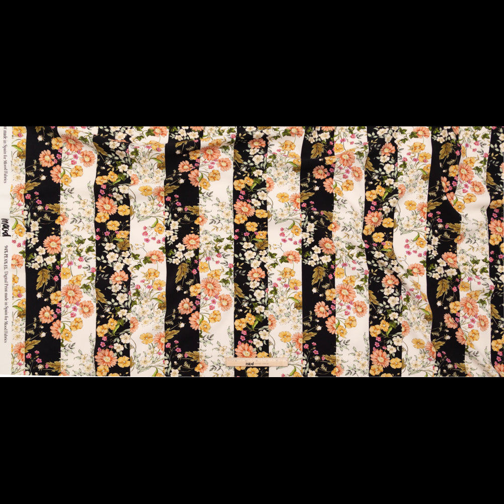 Stretch Polyester Crepe - Black and White Floral Stripes - Better in the Night Print - Mood Exclusive Kenko Collection Stretch Polyester Crepe - Black and White Floral Stripes - Better in the Night Print - Mood Exclusive Kenko Collection