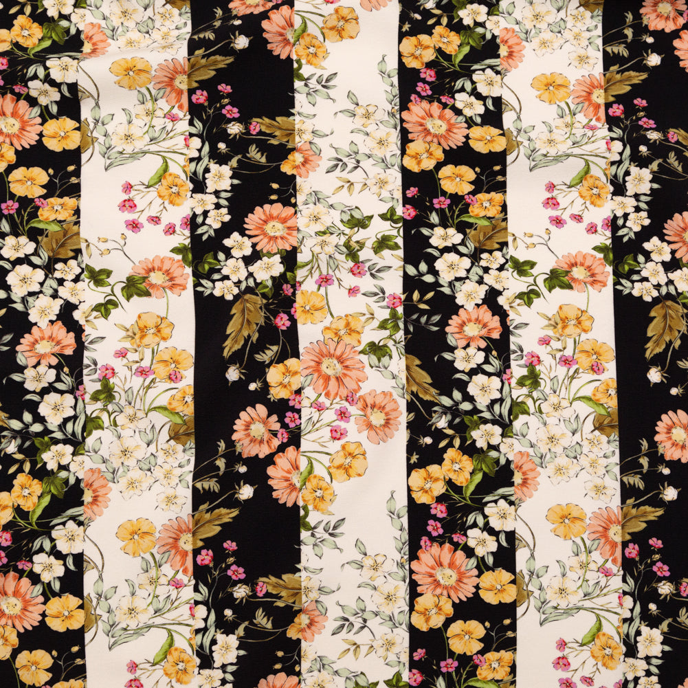Stretch Polyester Crepe - Black and White Floral Stripes - Better in the Night Print - Mood Exclusive Kenko Collection Stretch Polyester Crepe - Black and White Floral Stripes - Better in the Night Print - Mood Exclusive Kenko Collection