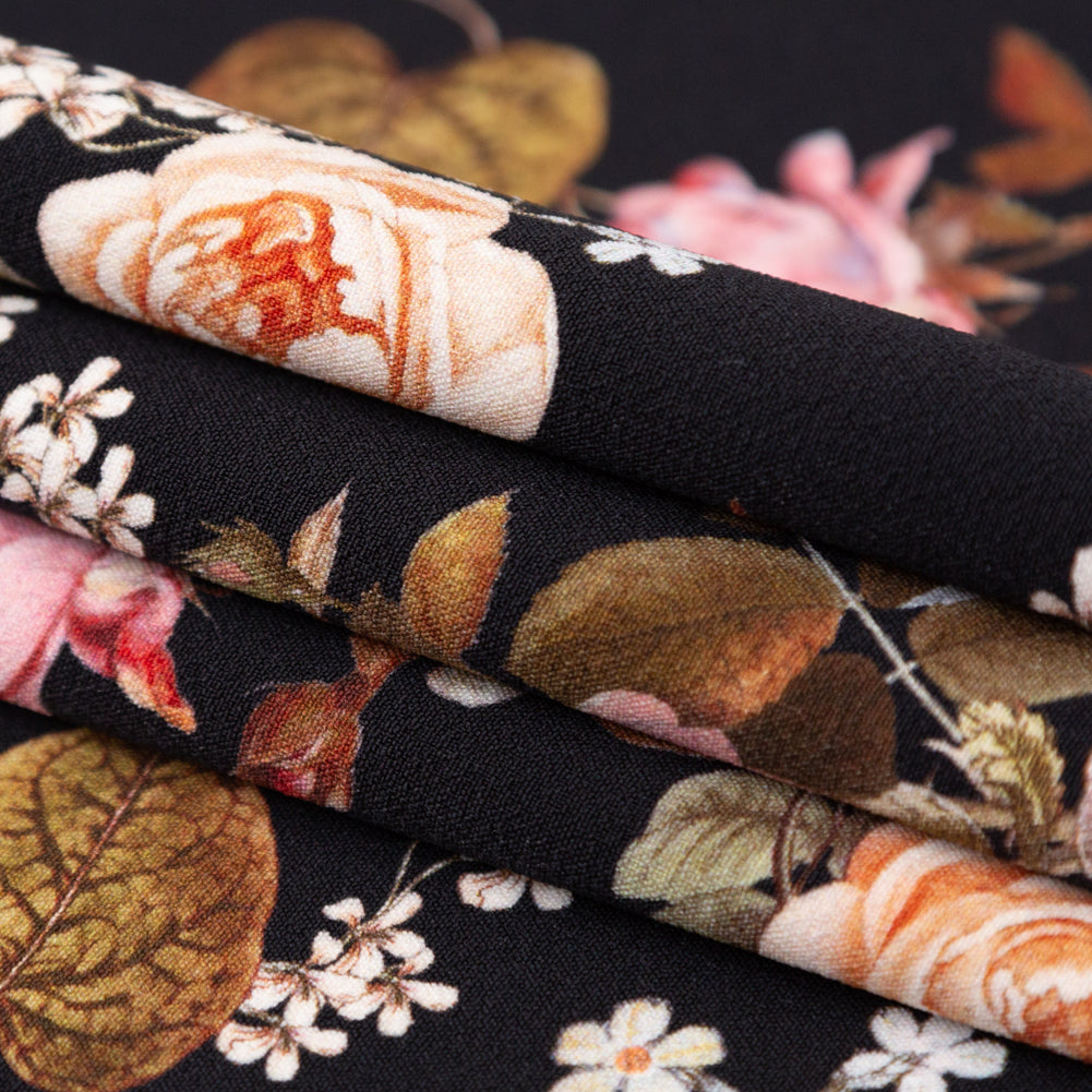 Stretch Polyester Crepe - Black Floral - Blossoms of the Heart Print - Mood Exclusive Kenko Collection Stretch Polyester Crepe - Black Floral - Blossoms of the Heart Print - Mood Exclusive Kenko Collection