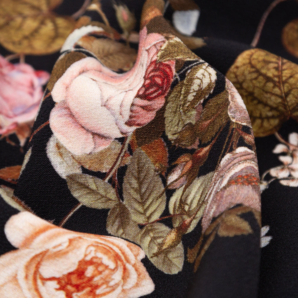 Stretch Polyester Crepe - Black Floral - Blossoms of the Heart Print - Mood Exclusive Kenko Collection Stretch Polyester Crepe - Black Floral - Blossoms of the Heart Print - Mood Exclusive Kenko Collection