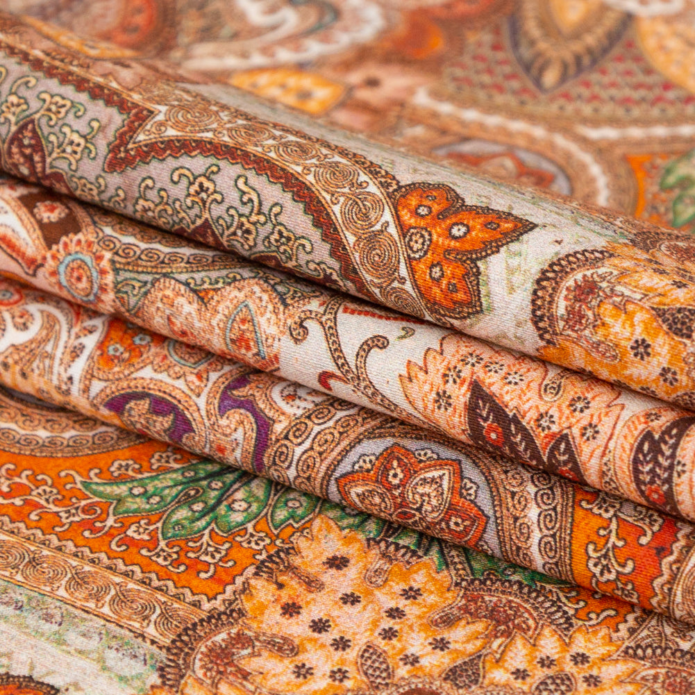 Stretch Cotton Sateen - Orange Patchwork - Gemlike Assemblage Print - Mood Exclusive Kenko Collection Stretch Cotton Sateen - Orange Patchwork - Gemlike Assemblage Print - Mood Exclusive Kenko Collection
