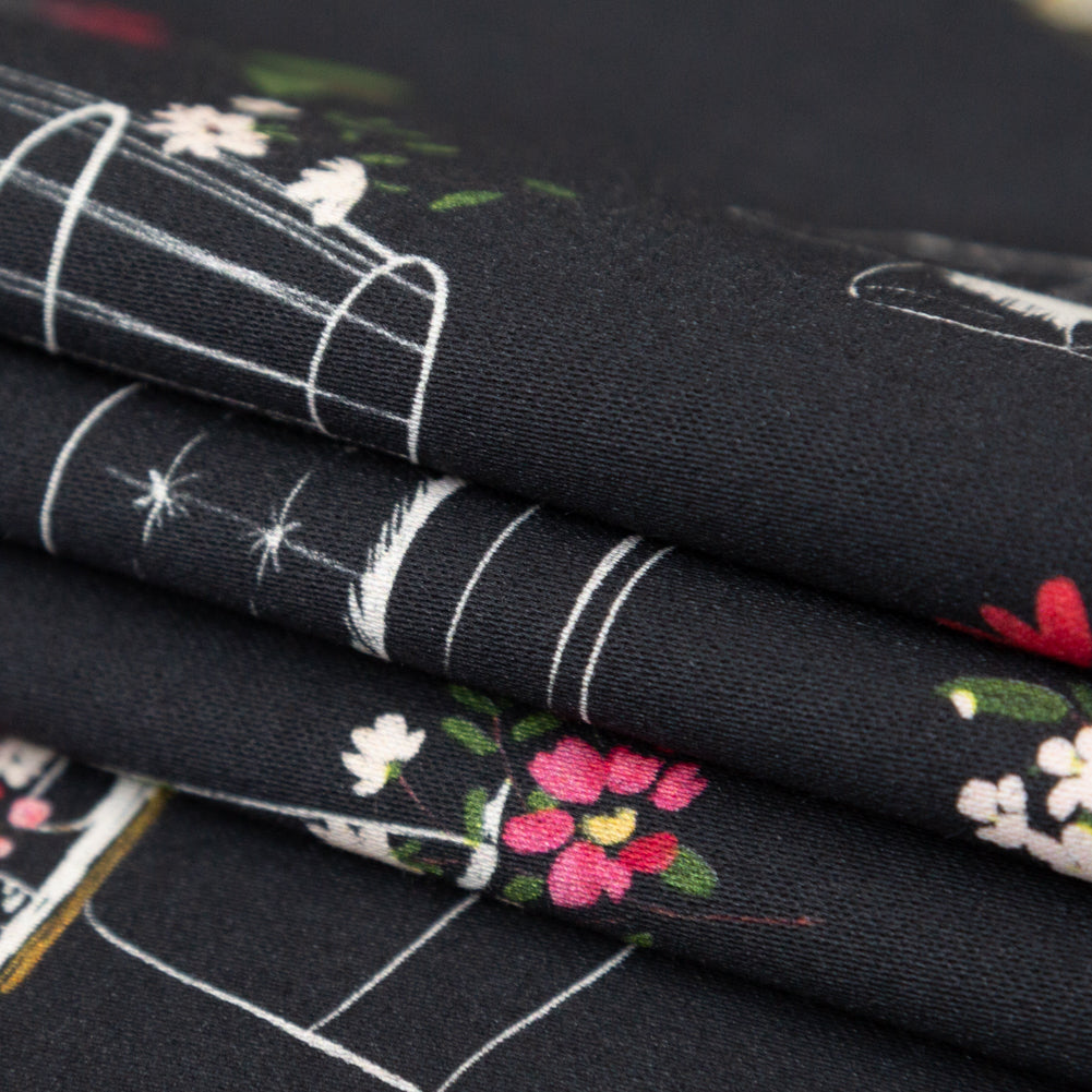 Stretch Cotton Sateen - Black Furniture and Flowers - In the Lamp Light Print - Mood Exclusive Kenko Collection Stretch Cotton Sateen - Black Furniture and Flowers - In the Lamp Light Print - Mood Exclusive Kenko Collection