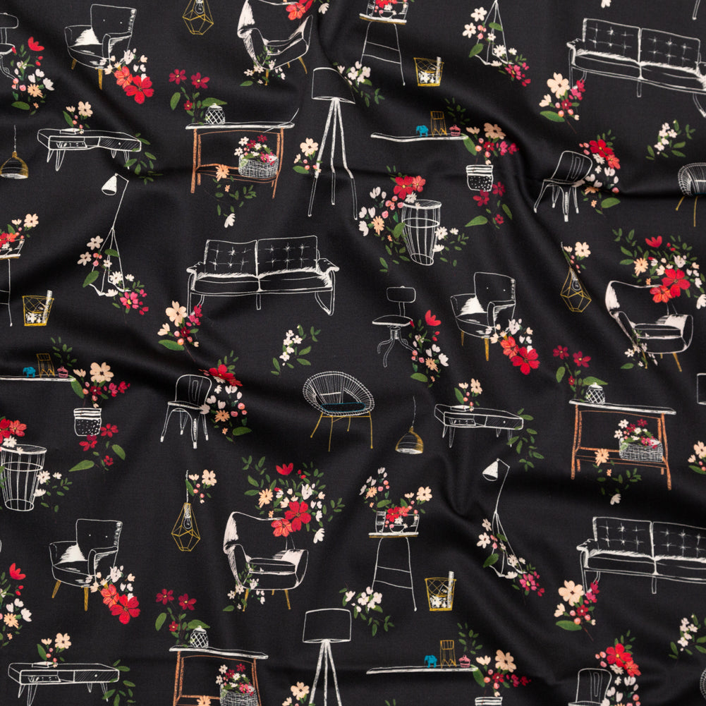 Stretch Cotton Sateen - Black Furniture and Flowers - In the Lamp Light Print - Mood Exclusive Kenko Collection Stretch Cotton Sateen - Black Furniture and Flowers - In the Lamp Light Print - Mood Exclusive Kenko Collection