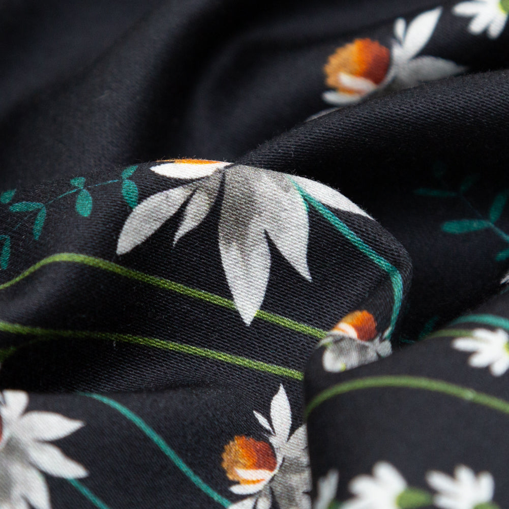 Stretch Cotton Sateen Panel - Black Beauty Daisy Flowers - Growing Distant Print - Mood Exclusive Kenko Collection - Detail Stretch Cotton Sateen Panel - Black Beauty Daisy Flowers - Growing Distant Print - Mood Exclusive Kenko Collection - Detail