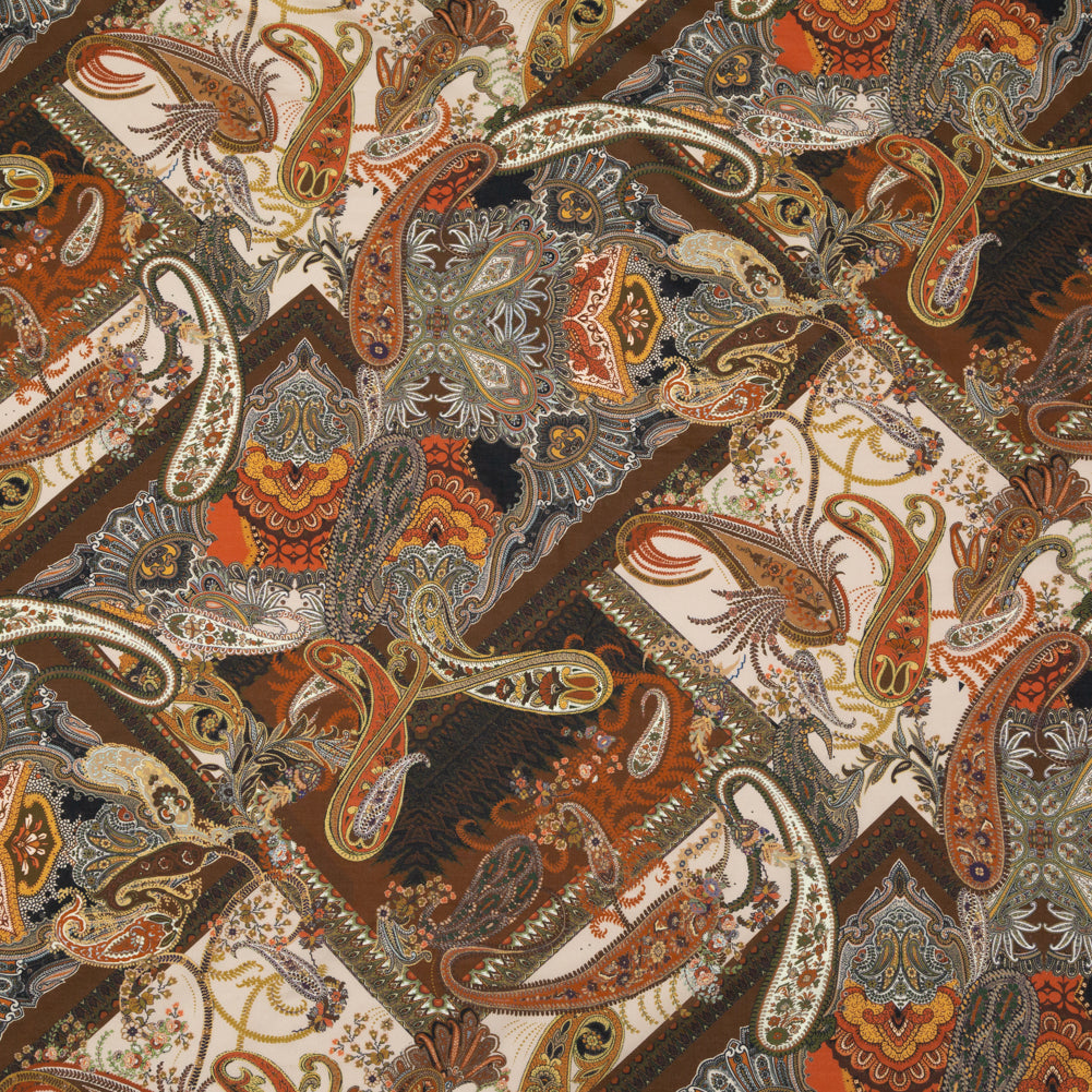 Cotton Voile - Orange and Brown Paisley over Patchwork - Lost in Thought Print - Mood Exclusive Kenko Collection Cotton Voile - Orange and Brown Paisley over Patchwork - Lost in Thought Print - Mood Exclusive Kenko Collection