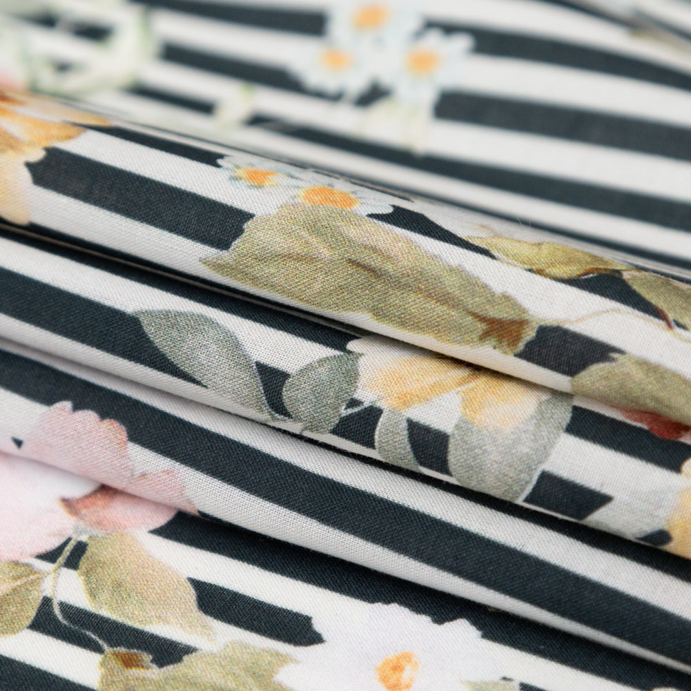 Cotton Voile - Red and Black Floral and Stripes - Stream of Consciousness Print - Mood Exclusive Kenko Collection Cotton Voile - Red and Black Floral and Stripes - Stream of Consciousness Print - Mood Exclusive Kenko Collection