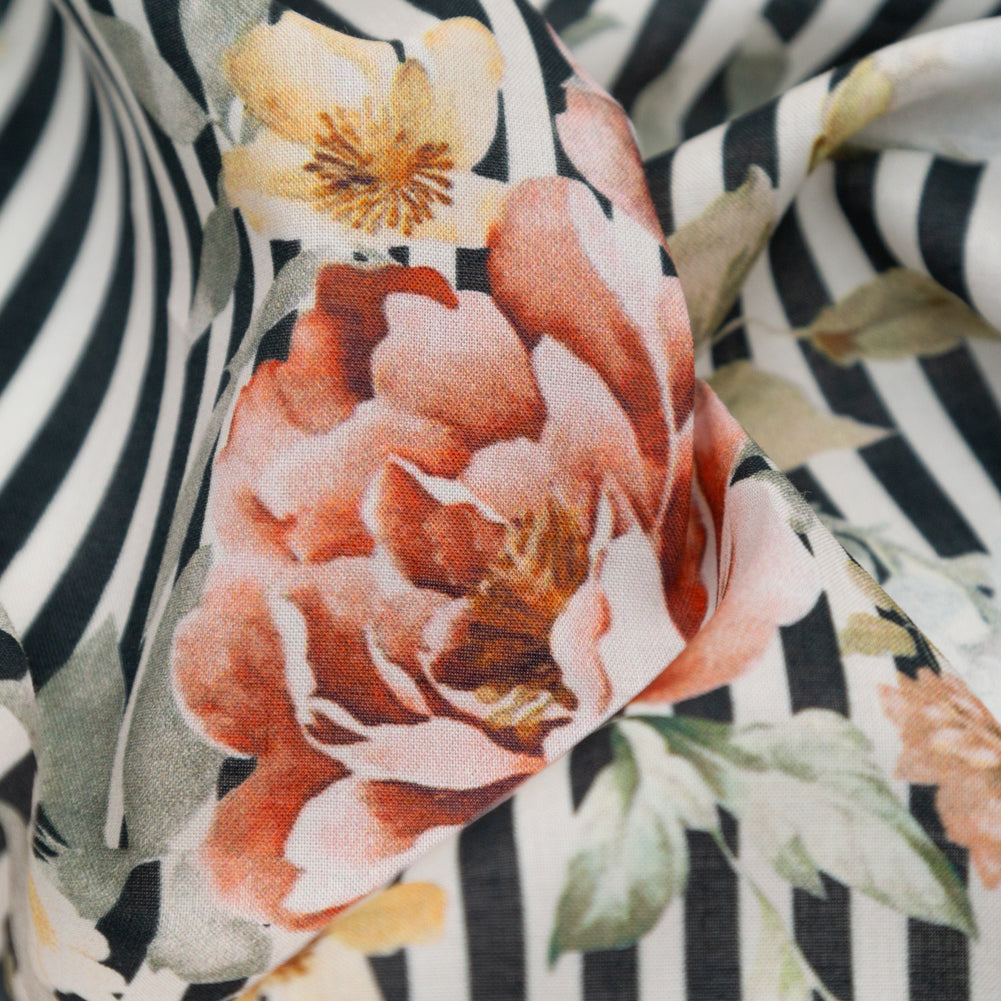 Cotton Voile - Red and Black Floral and Stripes - Stream of Consciousness Print - Mood Exclusive Kenko Collection Cotton Voile - Red and Black Floral and Stripes - Stream of Consciousness Print - Mood Exclusive Kenko Collection